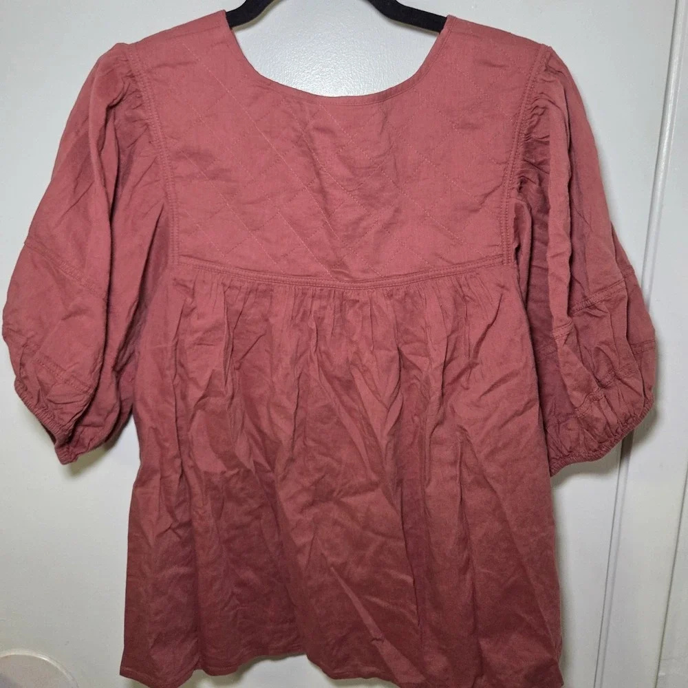 Old Navy Quilted Yoke Peasant Top XXL Rust Mauve Boho Puff Sleeve Blouse Prairie